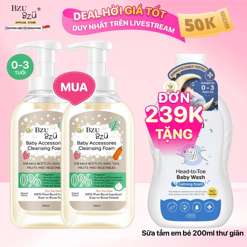 Combo 2 Chai Nước Rửa Bình Sữa Và Dụng Cụ Em Bé BZU BZU Tạo Bọt Hương Chanh 4 Công Dụng 500ml Cho Bé cọ rửa
