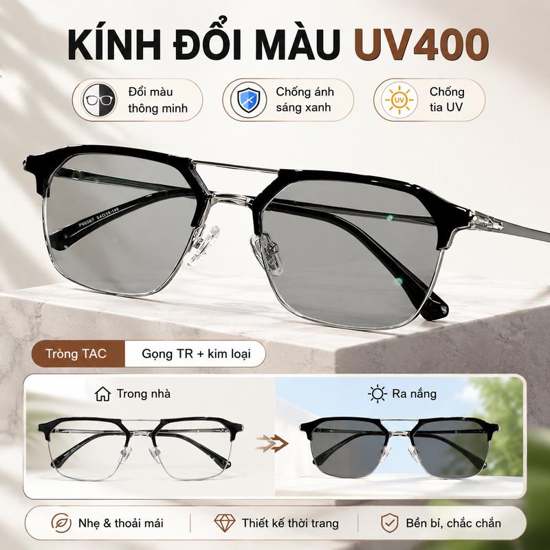 VIEVA Mắt kính nam đổi màu gọng vuông chống UV ánh sáng xanh nữ bụi thời trang cao cấp titan đẹp ngầu C6046