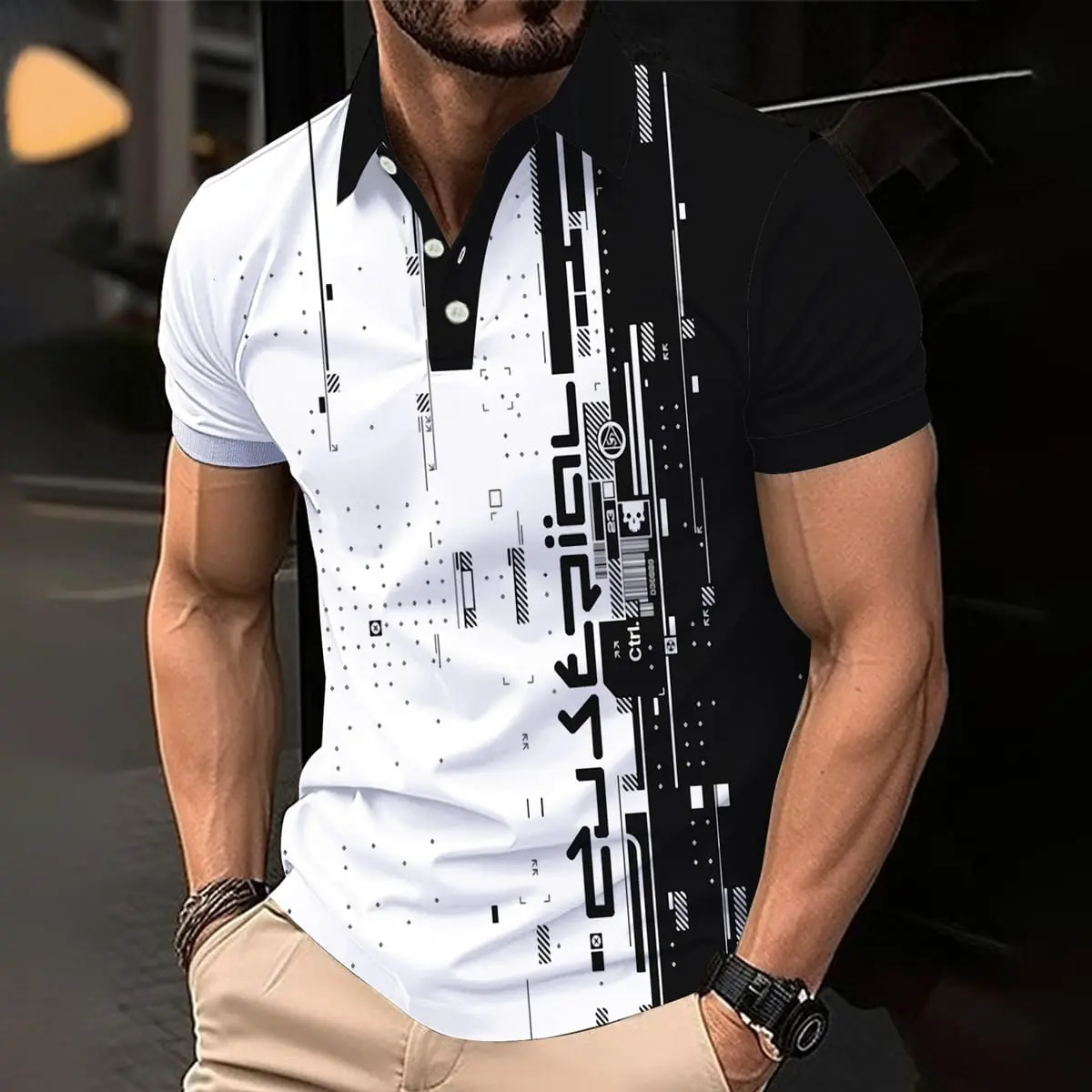 Business Men's Golf Polo T-shirt Summer Short sleeve clothing Fashion striped print street casual button up top Oversized pullover (color optional)
