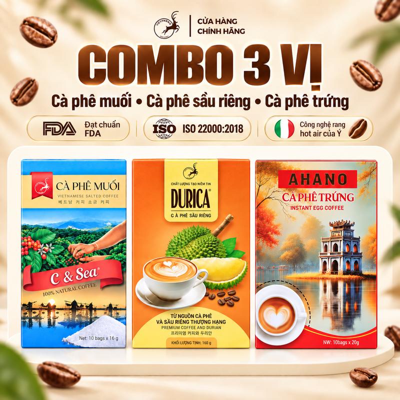 Combo 3 Hộp Cà Phê Hòa Tan 3 Vị Muối – Sầu Riêng – Trứng Le Plateau, Thơm Đậm Vị, Tiện Lợi Dễ Pha