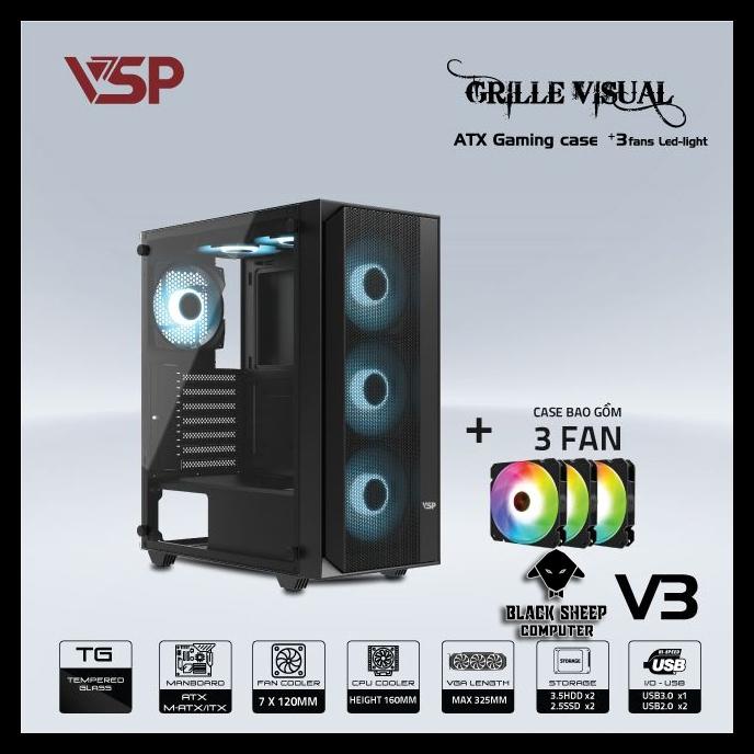 Vỏ Case Máy Tính V3 Màu Đen Kèm Sẵn 3 Fan LED