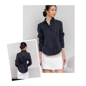LUINA // Kemeja Wanita Polos & Bordir fitted premium Garis Salur Bahan Semi Woll_Atasan Wanita Tali Belt dan Karet Atasan