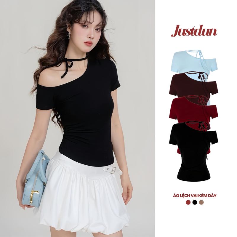 (Tặng dây) Áo Thun Ôm Lệch Vai mặc 2 kiểu Thiết Kế Kèm Dây Cotton mịn Justdun A2A