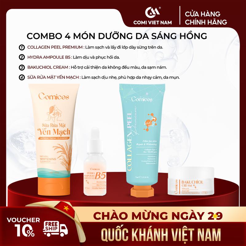 [COMBO FACE MUA 1 ĐƯỢC 4] Peel Collagen 4K Comicos(75ml), Serum cấp nước B5 HA(5ml), Kem Face Huyết Yến Bakuchiol(5ml), Sữa Rửa Mặt Yến Mạch(100ml) sáng da - Comicos Skincare Peel Da Son