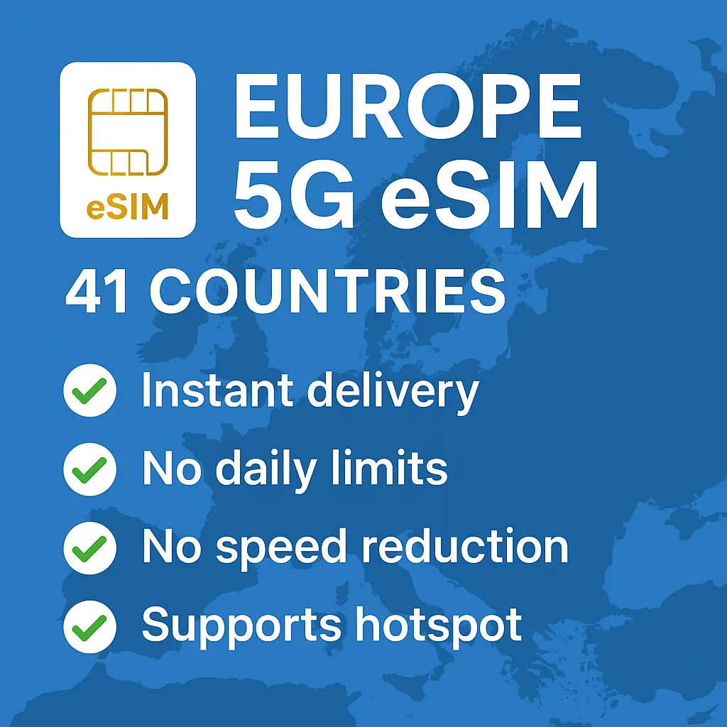 Europe & UK 5G eSIM 41 Countries | No Speed Reduction | 30 Days, 10-50GB| Travel Voucher | ESIM installation required