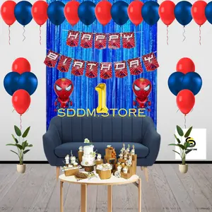 Dekorasi Ulang Tahun Anak Tema Spiderman dengan Balon Biru Silver Hitam Putih Merah
