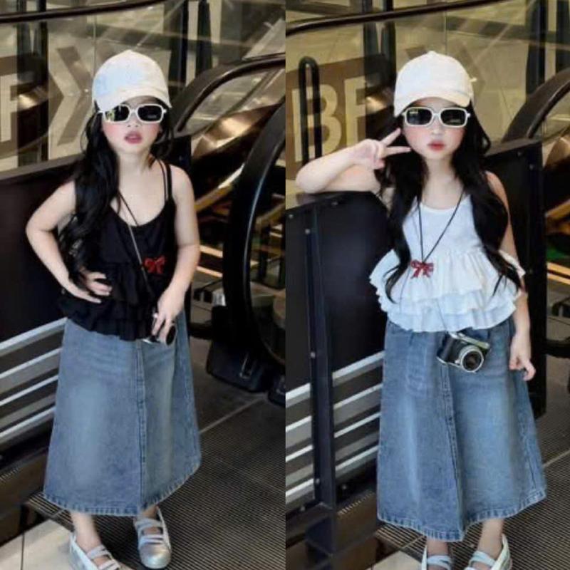[Lumy] - Sét áo 2 dây kèm chân váy jean Mềm cho bé Gái chất liệu mềm đủ size 8-35kg  (JEan 11 áo 2 dây đen trắng )