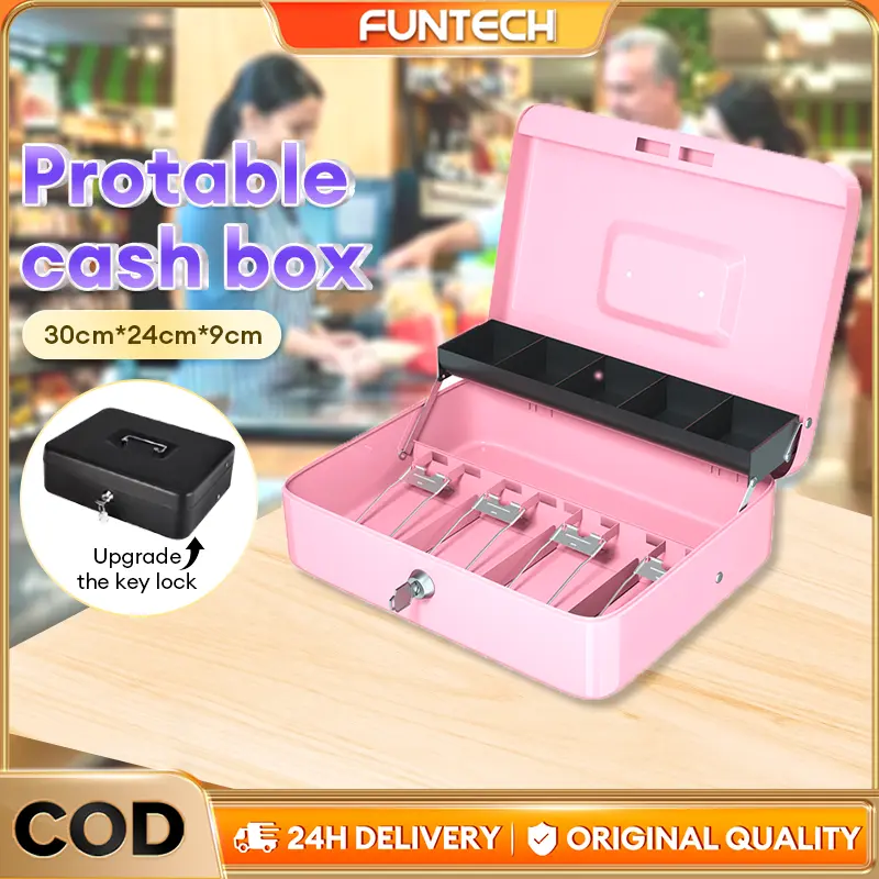 【Expose】Cash Drawer Pink and Black Cash Box 4 Clips and 5 Coin Drawers with Lock Key and Money Tray Large Metal Money Safe for Cash 30cm×24cm×9cm