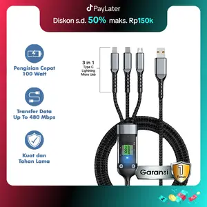 Kabel Data YESPLUS YS-897 3 in 1  Pengisian Super Cepat  100 Watt USB Micro, Type C, Lightning Cable Panjang Charger Logam Telepon Aluminium Konektor Adaptor