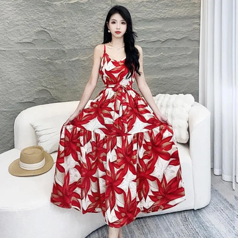 Floral skirt series V-neck suspender floral skirt beach floral skirt slimming wide skirt