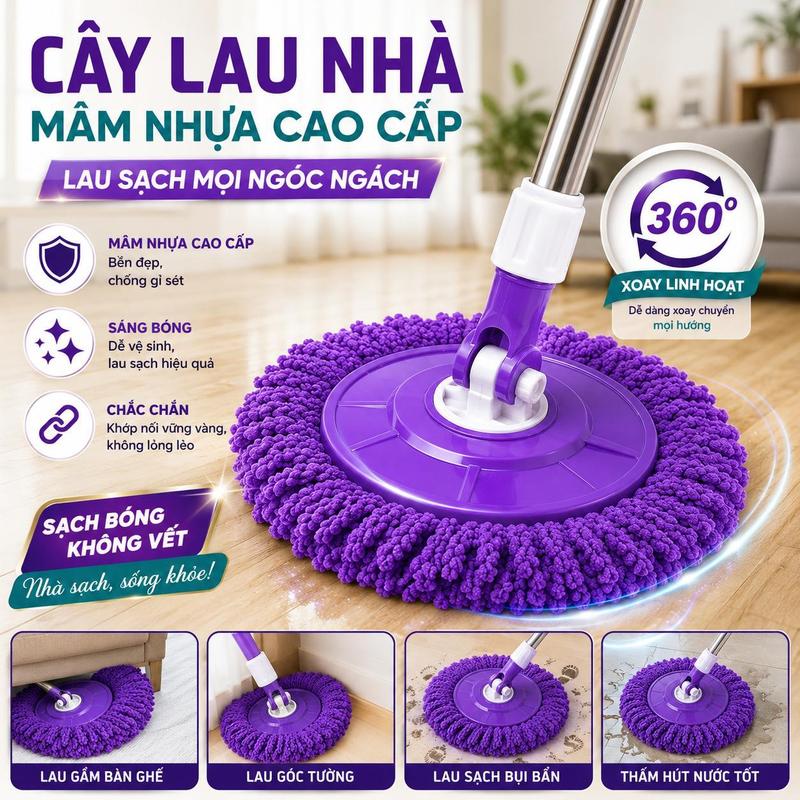 Cây Lau Nhà Xoay 360 Độ Thân Inox Cao Cấp Lau Sạch Mọi Góc Kèm Bông Lau Thấm…