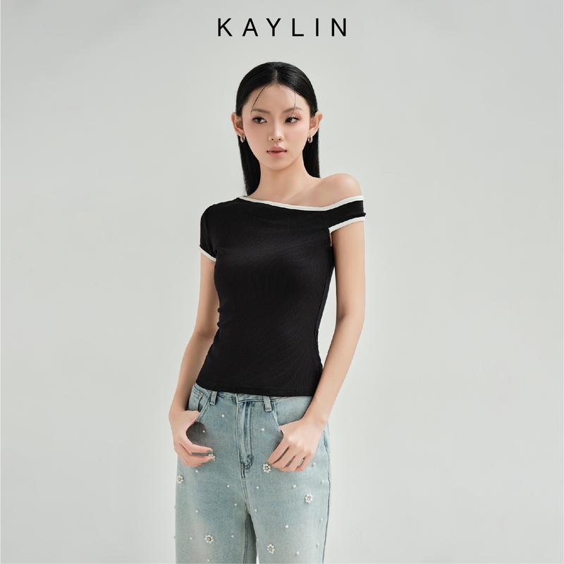 Áo Kiểu KAYLIN Line Tee Viền Lệch Trễ Vai Chất Vải Gân Lụa Dày Phong Cách - A45T9 Women Shirt