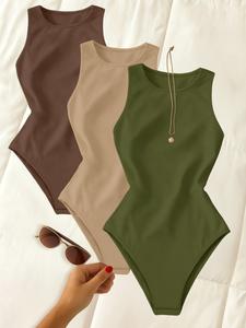 Conjunto de mujer de 3 piezas: chaleco sin mangas con elasticidad media y efecto adelgazante, ropa exterior y ropa interior casual elegante, pieza única de color sólido.