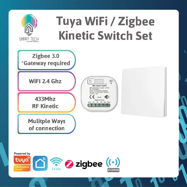 (Local Stock)  Tuya WiFi or Zigbee Smart Switch 433Mhz Smart Home Kinetic wireless Switch Receiver 100V~ 250V 15A Module Self Powered No Battery