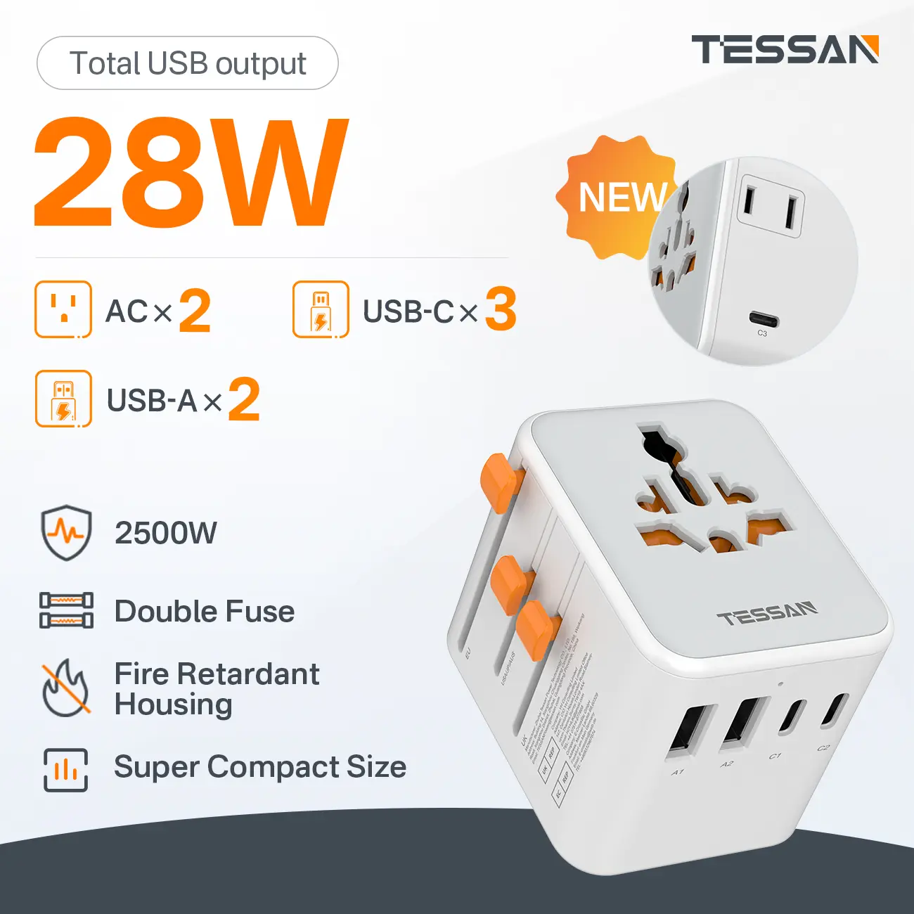【Tessan Liveroom Special】TESSAN Universal Travel Adapter, International Plug Adaptor with 15W/17W/45W/65W/100W  GaN Fast Charger Travel Worldwide Essentials Wall Charger