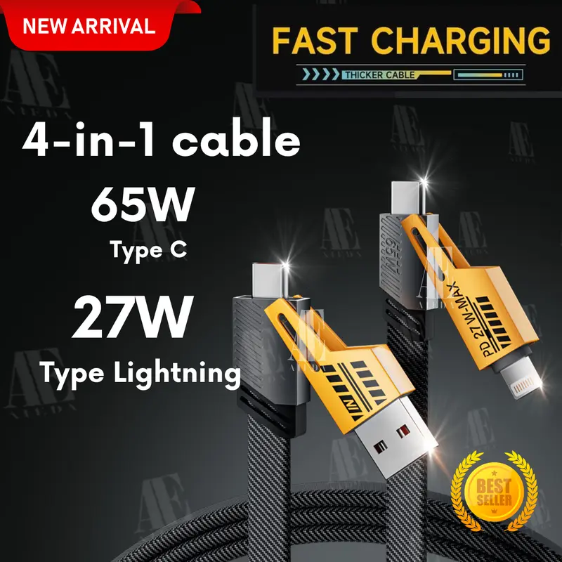 AiEda - Kabel Charger Data 4 in 1 Convertible Metal Fast Charge Cable 65W 3.9 ft Kabel TYPE C & Lightning/Iphone (Tidak Untuk Micro/Usb) Panjang 100Cm 1