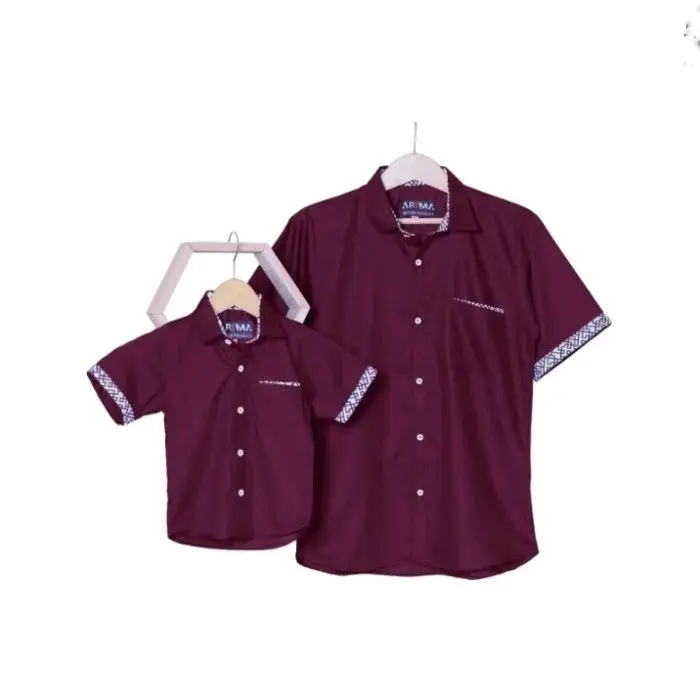 Kemeja Zayn Burgundy Couple Ayah Dan Anak Lengan Pendek Variasi Batik