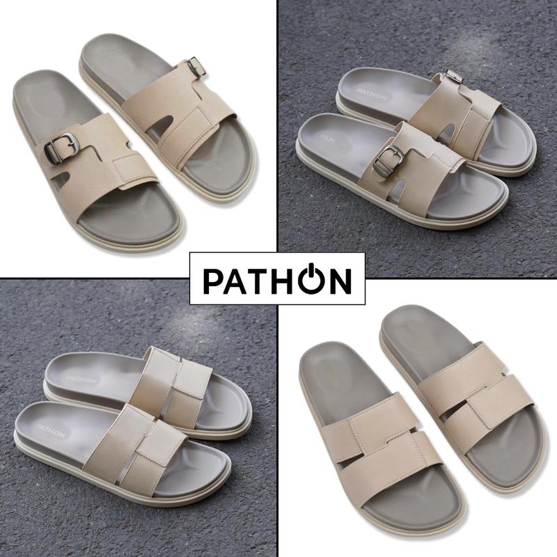   LÙI 1 SIZE  - PATHON Dép da nam quai ngang Microfiler cao cấp Pathon màu kem DA07 & DA08 Đế TPR mang êm chân 