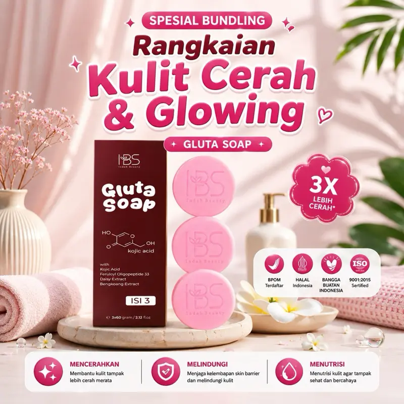 IBS INDAH BEAUTY Gluta Soap Pink dengan Kojic Acid & Niacinamide Mencerahkan Wajah & Tubuh Hitam Aman untuk Kulit Sensitif