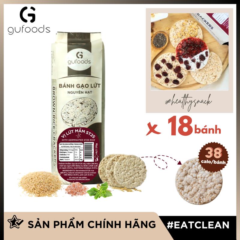 Bánh gạo lứt GUfoods (170g) - Không chiên dầu, Không đường, Từ gạo và ngũ cốc nguyên hạt, Lành mạnh, Phù hợp Eat clean, Ăn vặt healthy, Thực dưỡng, Tập gym, Thuần chay, Đa dạng hương vị