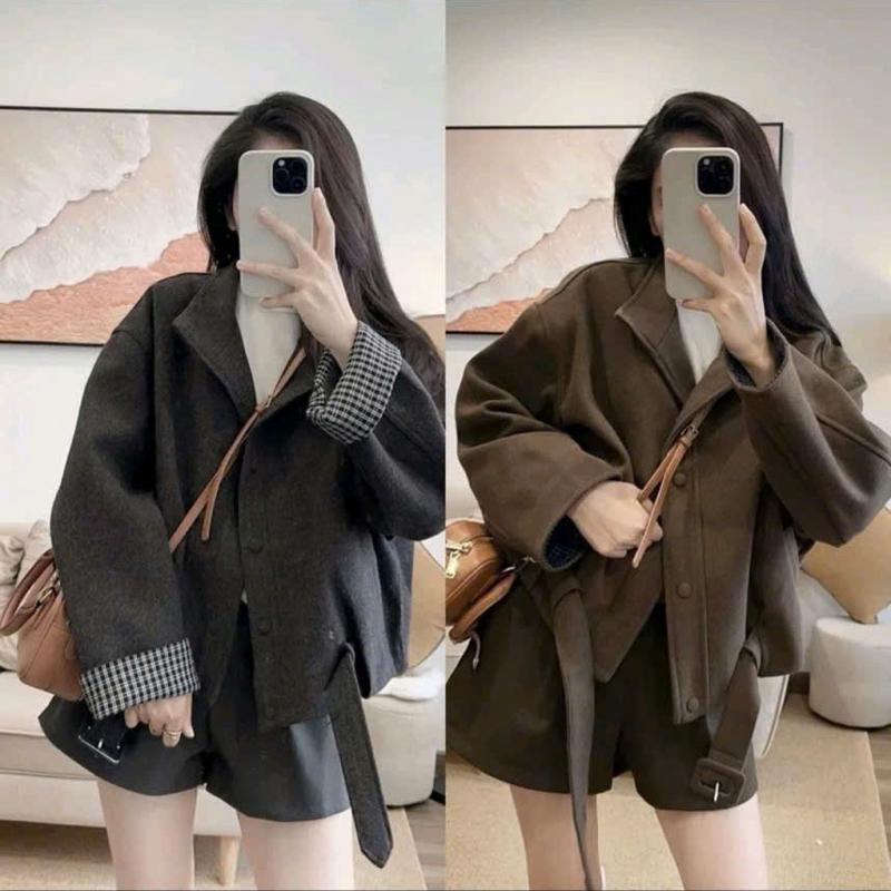   2 Lớp  Áo Khoác Dạ 2 lớp Phối Tay kẻ Kèm Đai Dày Dặn Phong Cách Hàn Quốc Thời Trang Hiện Đại Cài Nút Cách Điệu 