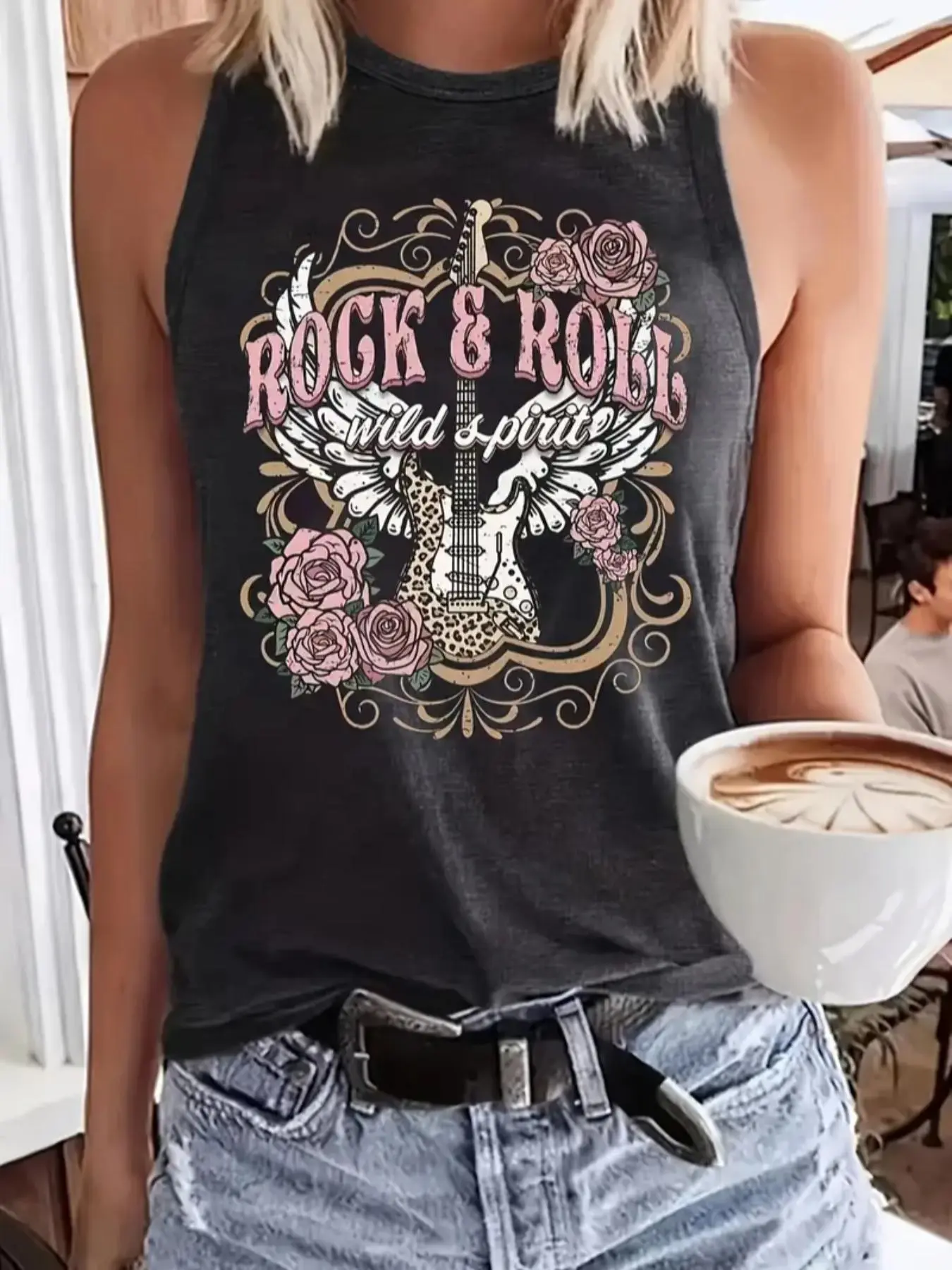 【Plus Size】 Guitar & Letter Print Tank Top, Casual Style Sleeveless Top for Daily Wear, Women's Plus Clothing for All Seasons