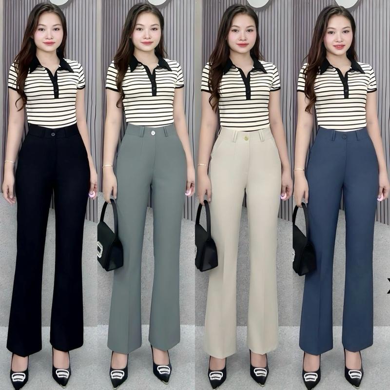  Quần ống loe vẩy 1 nút M32 nữ cotton lạnh Hàn co giãn nhẹ ống 21-22cm,dài 95-96cm size M-2XL 