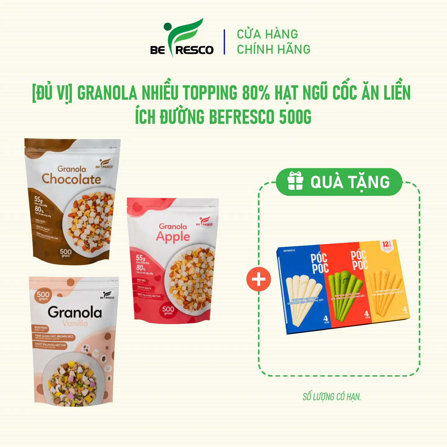 [Đủ Vị] Granola Nhiều Topping 80% Hạt Ngũ Cốc Ăn Liền, Ít Đường Befresco 500g (Tết) Food Thức Ăn