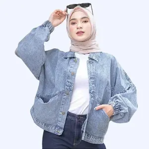 Jaket Jeans Wash Wanita Oversize Lengan Panjang Balon Kancing Model Vintage Atasan Kerah Karet Tangan Nyaman Formal