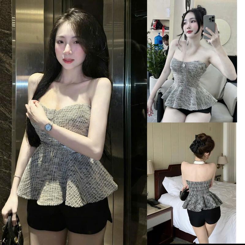 Sét bộ nữ áo dạ 2 dây có mút ngực phối dây kèm quần đùi kaki lưng thun cách điệu, sang chảnh cho nàng