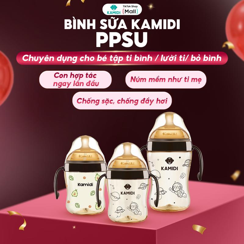 Bình sữa Kamidi chống sặc đầy hơi cho bé sơ sinh chất liệu PPSU nhiều họa tiết dành cho bé tập bú bình chống sặc cho bé