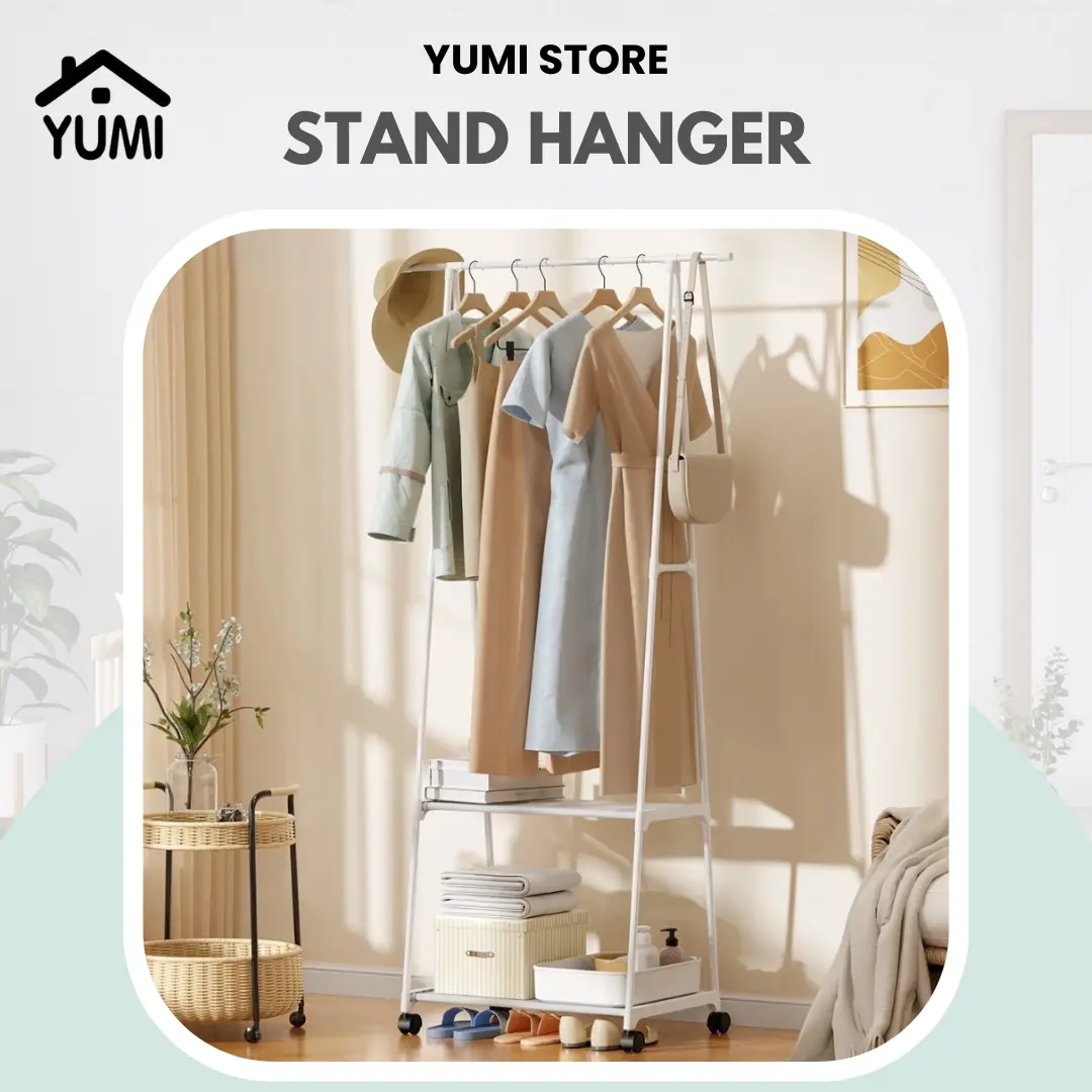 Factory Outlet YUMI Store Triangle Stand Hanger / Gantungan Pakaian Plastik / Gantungan Baju Tiang Berdiri Dengan 4 Roda