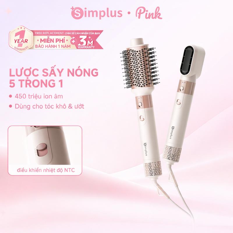 SimplusVN Lược sấy tạo kiểu Simplus RFSH005PK00, 5 trong 1 Dùng cho tóc ướt & khô Gió mạnh sấy khô nhanh Tạo kiểu – uốn – duỗi – sấy – làm phồng 450 triệu ion âm, Thiết kế đầu bàn chải mềm mại, Bảo Hành 1 Năm Không Sửa Chỉ Đổi