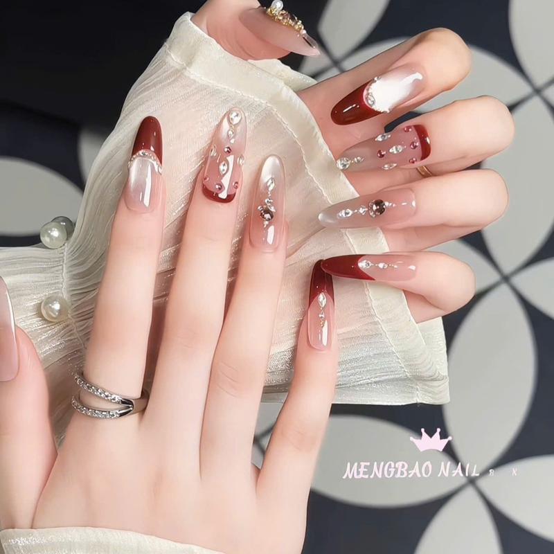   Mã B089-90  Nail Box Móng Tay Giả Màu Đỏ Đô Mắt Mèo Đính Đá Bộ Móng Tròn Dài Nhọn Dài Đơn Giản Trẻ Trung Lấp Lánh Xinh Xắn Lung Linh Sang Trọng Đi Tiệc Đi Chơi Chụp Kỷ Yếu 