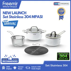 [SPECIAL LIVE] freemir New Launch Set 4 Pcs Stainless 304 Zero Coating MPASI Panci Tutup Kaca White Beige Food Grade Elegan Kitchenware