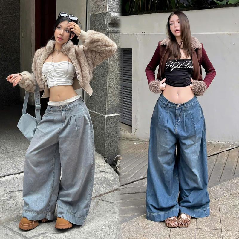 THE QUẠO - Quần Jeans Nữ Lưng Cao Ống Rộng To 38CM Xếp Ly 2 màu Bụi S1010_716