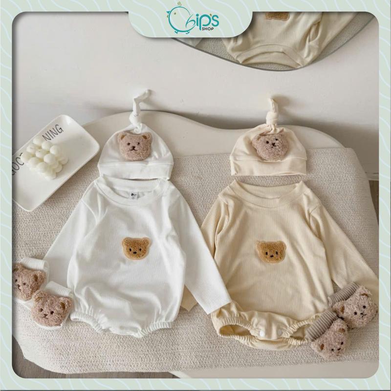  Set body gấu dài tay kèm nón và tất cho bé trai bé gái 3-10Kg. Bodysuit dài tay chất liệu tăm lạnh cho bé mặc đi chơi hàng ngày. Chip's Shop 