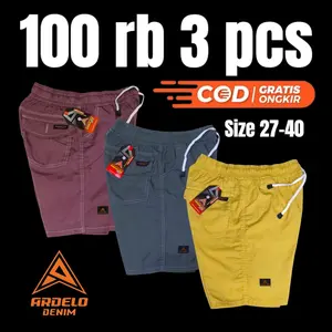 100RB 3PCS CELANA PENDEK WARNA COWOK PRIA DEWASA BROADSHORT PINGGANG KARET ELASTIS KOLOR SANTAI NYAMAN Denim Kancing