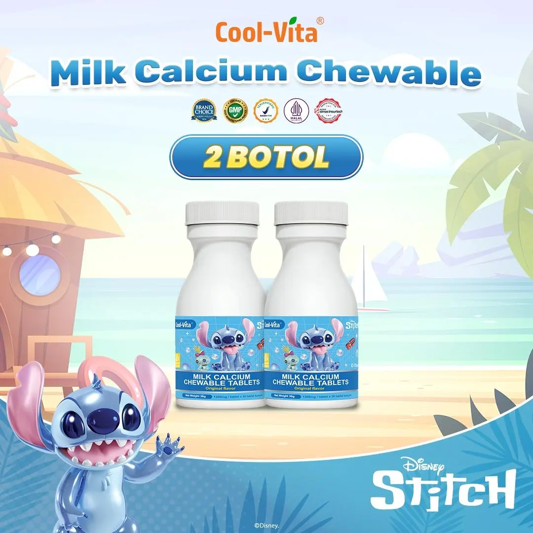 Cool-Vita Disney Edition - 2 Botol Milk Calcium Chewable Tablet Kunyah Rasa Susu - Bantu Tumbuh Tinggi & Kuat Sejak Dini | Vitamin Kalsium Multivitamin Rasa Orange Halal BPOM Terdaftar
