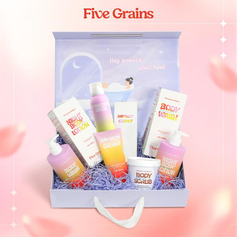 [I] Set quà yêu thương Five Grains (sữa tắm/kem dưỡng/xịt chống nắng/dầu gội khô/tẩy tế bào chết) - A04