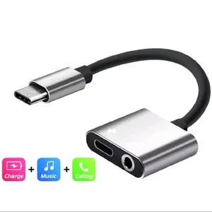 Kabel Audio Splitter 2 in 1 Type C To Jack 3.5mm To Type C Adapter Charging And Port Headset Cable Converter C Aluminium