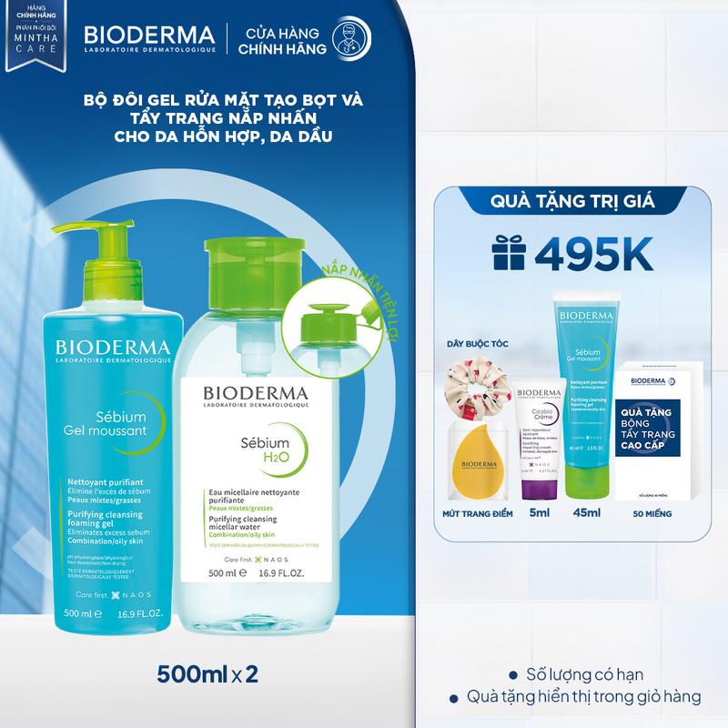 [Livestream] Combo Gel rửa mặt Bioderma - Sebium Gel Moussant 500ml và Tẩy trang nắp nhấn 500ml