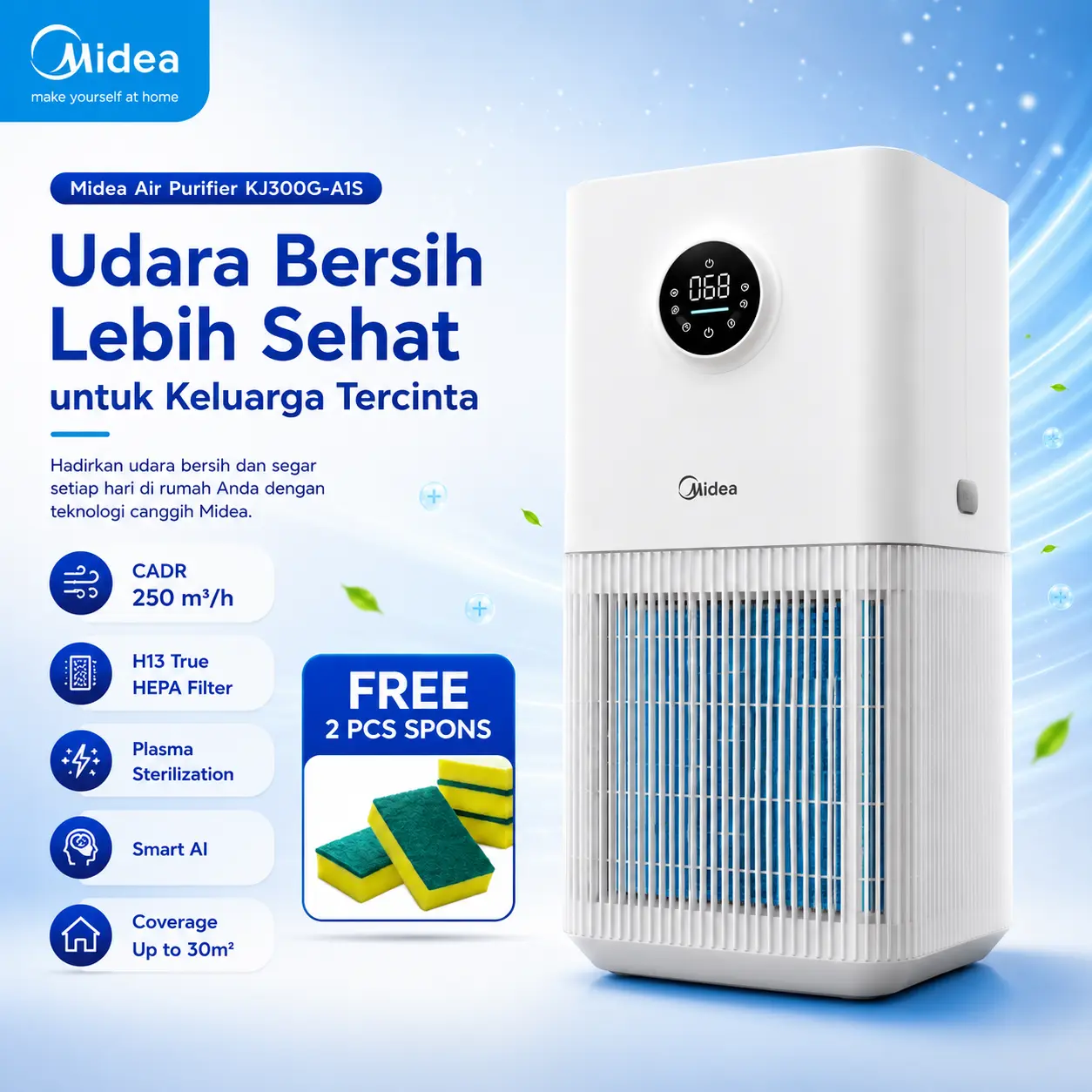 Midea | Air Purifier ANTI BAKTERI | Penyegar Udara HEPA Filter | Air Purifier Anti Virus Tipe KJ300G-A1S