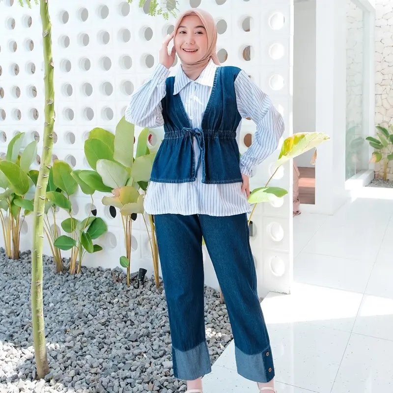 Oneset/setcel jeans wash tali serut mix katun zara setcel wanita denim 0