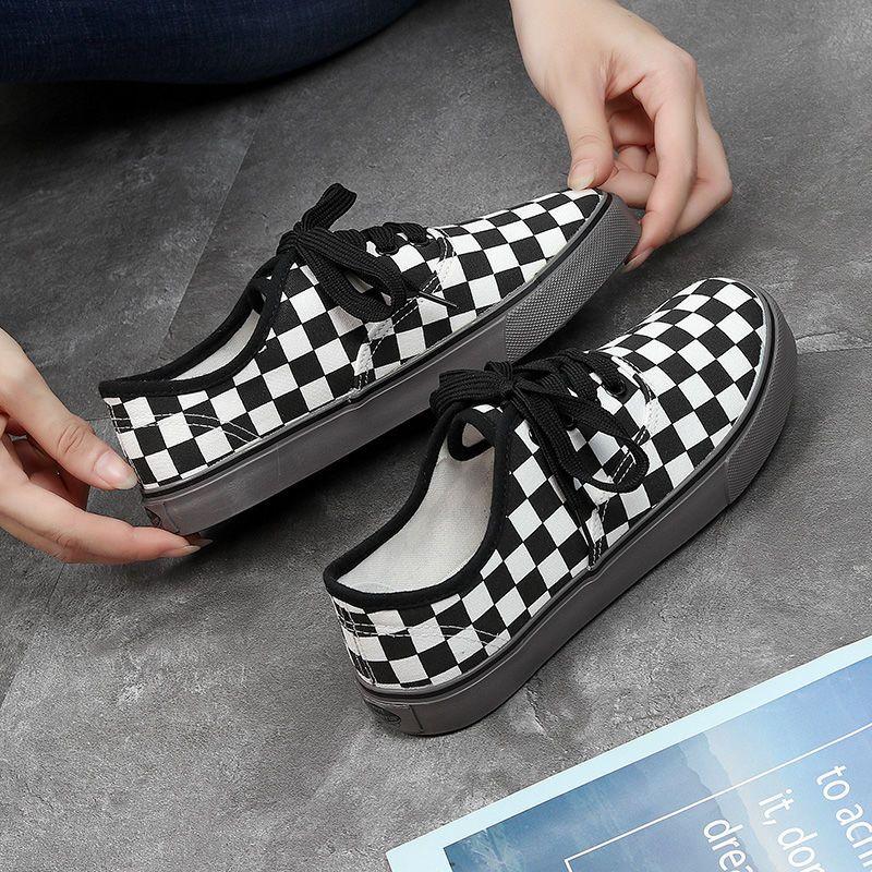 Product Introduction of Spring New Canvas Shoes Men's Black and White Plaid Shoes Low-Top Breathable Slip-on Lazy Shoes Casual Trendy Sneakers 18