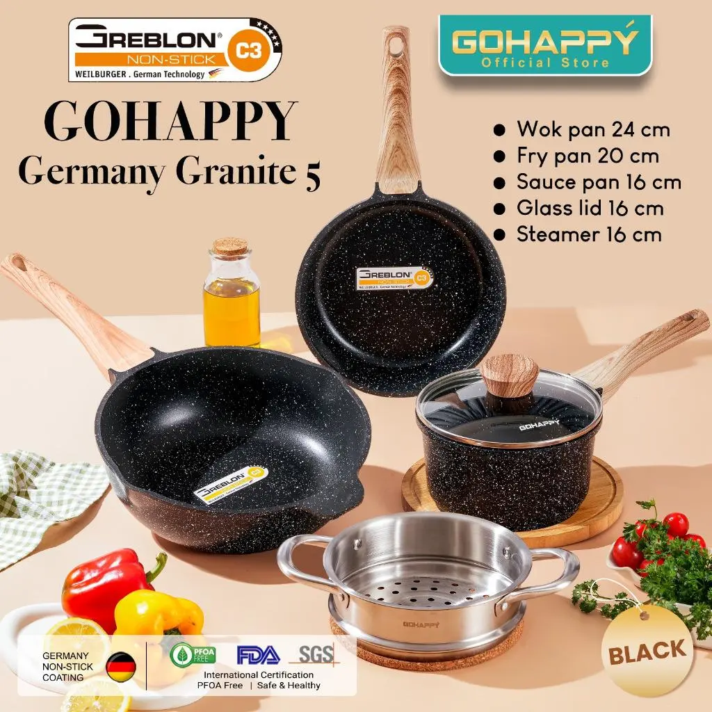 (PO 7 HARI) Gohappy 5pcs GERMANY GRANITE PANCI SET Greblon C3 jerman Kuat dan tahan lama dengan diecasting technology/strong
