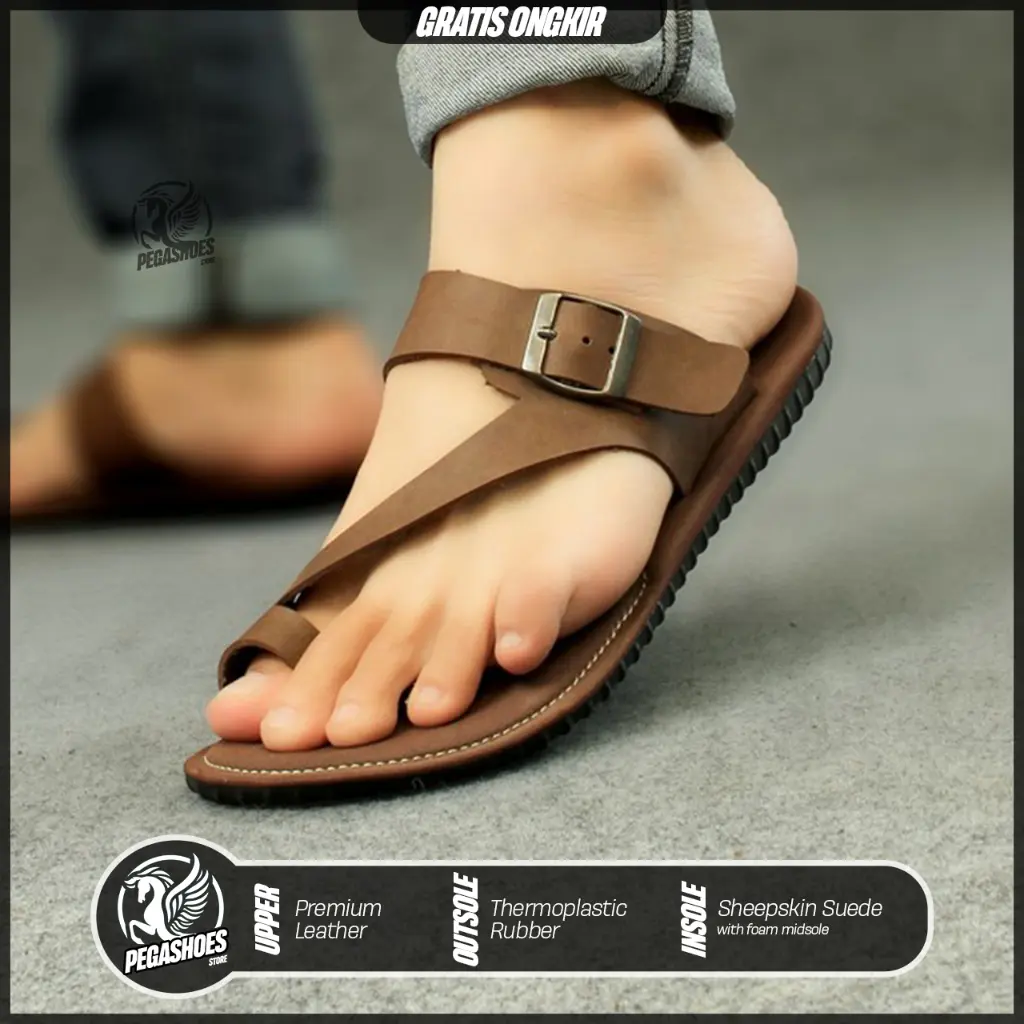 PGS x ZAYKO - Sandal Jepit Pria Casual Sendal Jepit Model Terbaru Kulit Sapi Asli Premium Classic Sandal Japit Liburan Travel Travelling Kondangan Undangan Tahan Lama Warna Hitam Coklat Ukuran 39-43 Simpel Murah Berkualitas Unisex Cewek Cowok Best Se