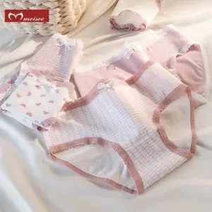 MEISEE CD 5 Pcs Celana Dalam Wanita Remaja Bahan Katun Adem Motif Pita Lucu Mauve Putih Nyerap Keringat Underware