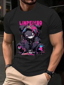 メンズ夏用カジュアル グラフィティベアプリントTシャツ、ラウンドネック半袖トップス、快適両面プリント、アウトドア活動向け