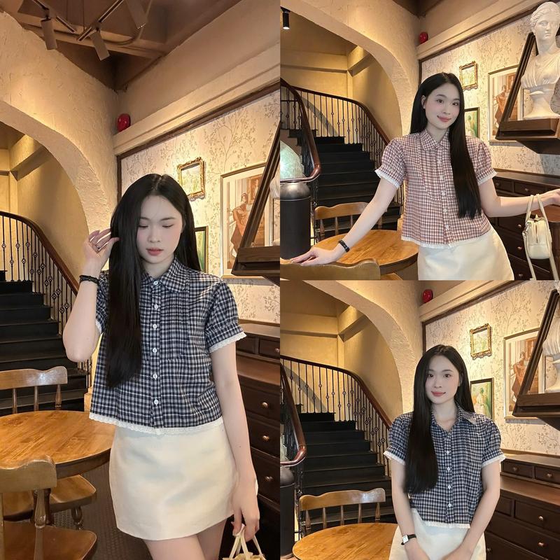 Áo sơ mi nữ linen caro tay ngắn viền ren trẻ trung LAMO - B1468
